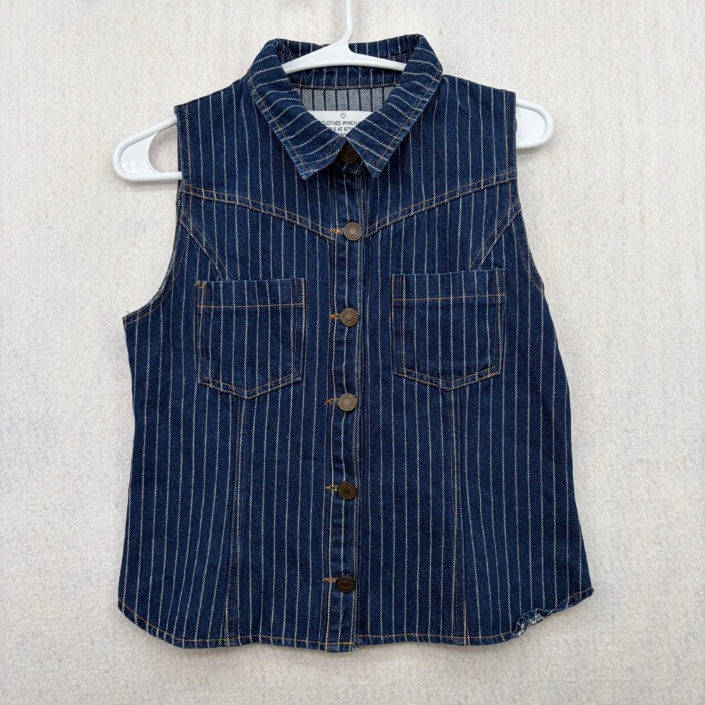 Stylenanda Womens Denim Vest Dark Wash Pinstripe Button Front Sleeveless Top F